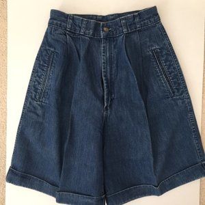 Vintage High Waist Denim Pleated Front Cuffed Shorts
